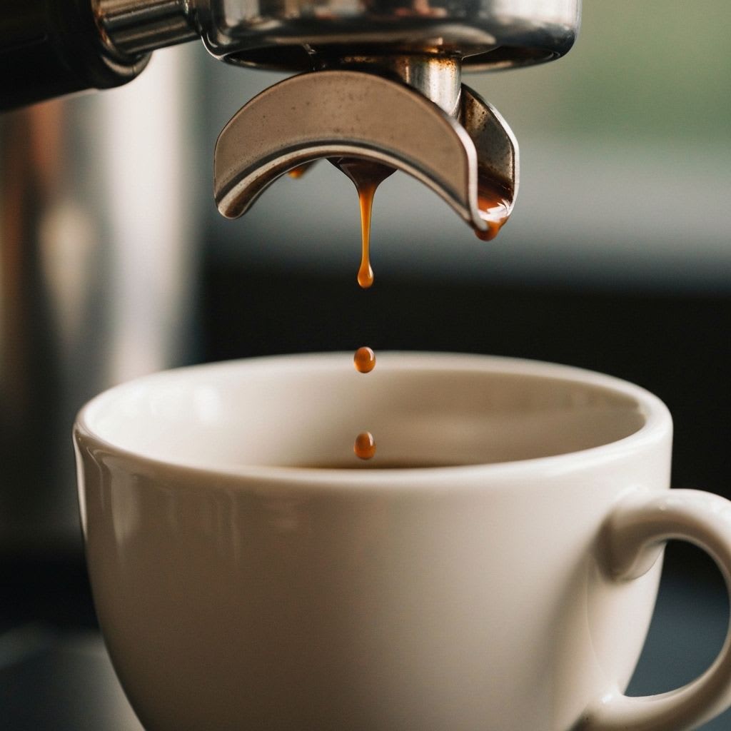 Erste dunkle Tropfen des Espressos beim Start der Extraktion in eine Tasse, eine Phase der Barista-Techniken.