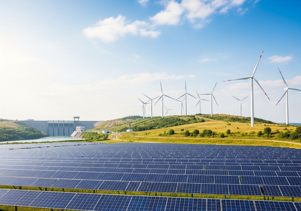 Vielfältige erneuerbare Energien wie Solarparks, Windkraftanlagen und Wasserkraftwerke symbolisieren die Energiewende und den Klimaschutz.