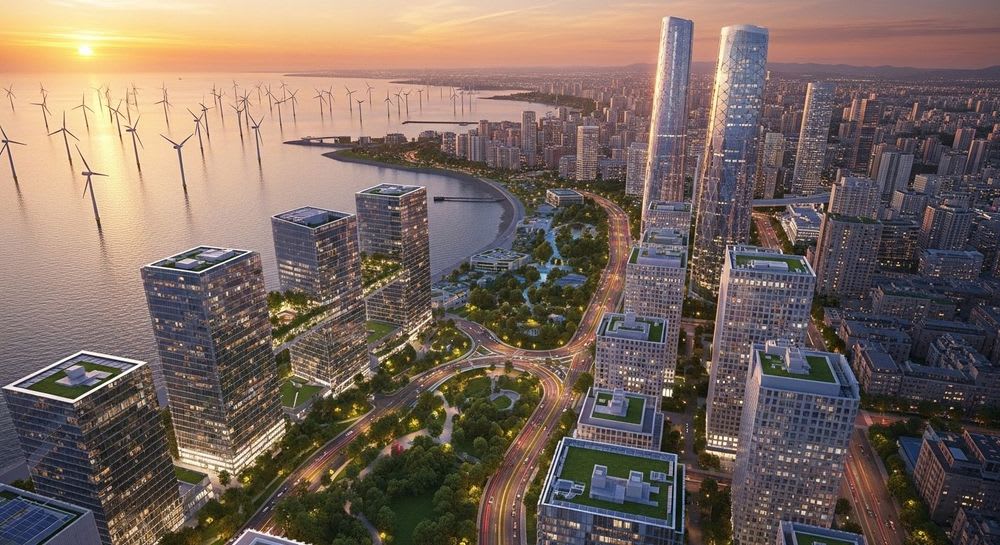 Zukunftsvision einer Stadt, die vollständig durch erneuerbare Energien wie Wind- und Solarkraft versorgt wird, ein Symbol für die Energiewende.