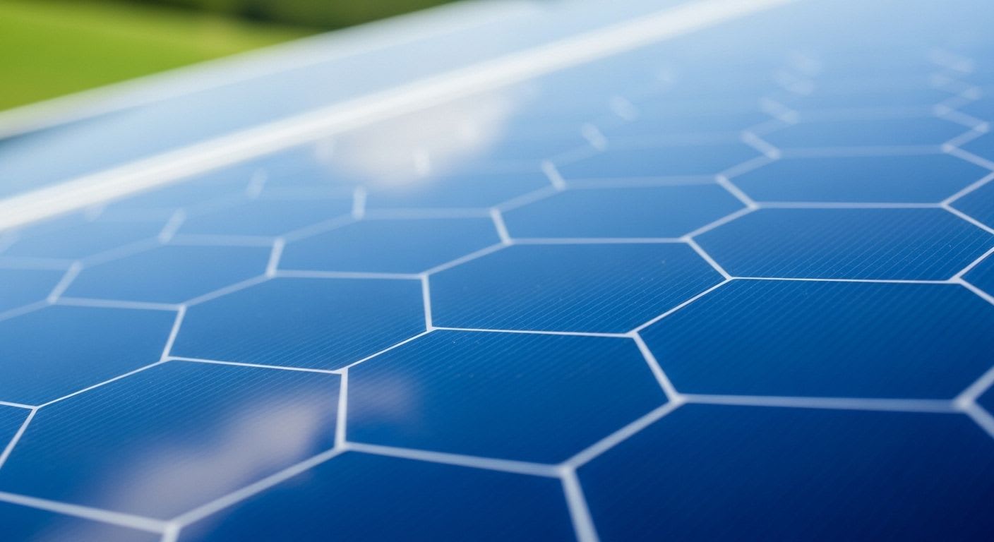 Nahaufnahme eines Photovoltaik-Solarmoduls, das die Sonne reflektiert und die Definition erneuerbarer Energien für die Energiewende verdeutlicht.