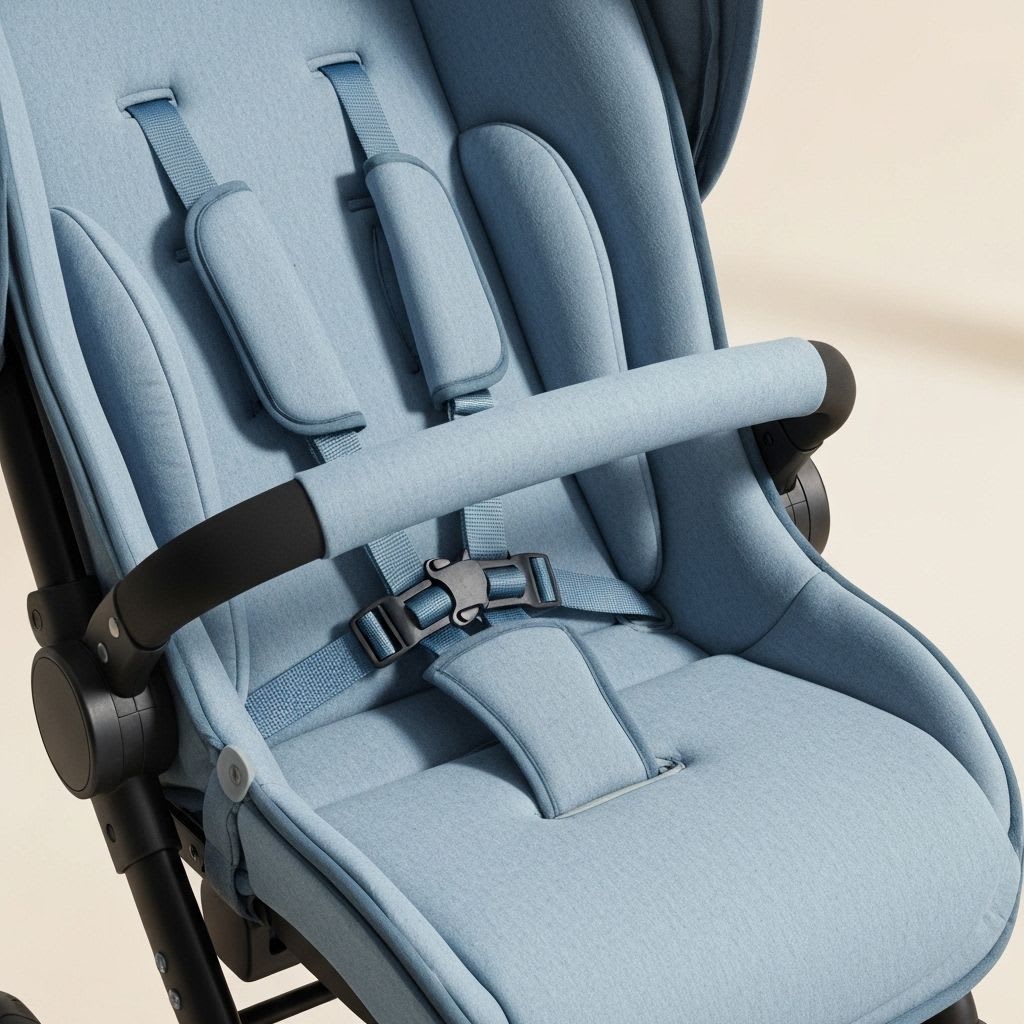 Detailaufnahme des Sicherheitsgurtsystems eines Kinderwagens mit gepolsterten Gurten und sicherem Verschluss. Wichtig bei 'Was ist ein Kinderwagen?'