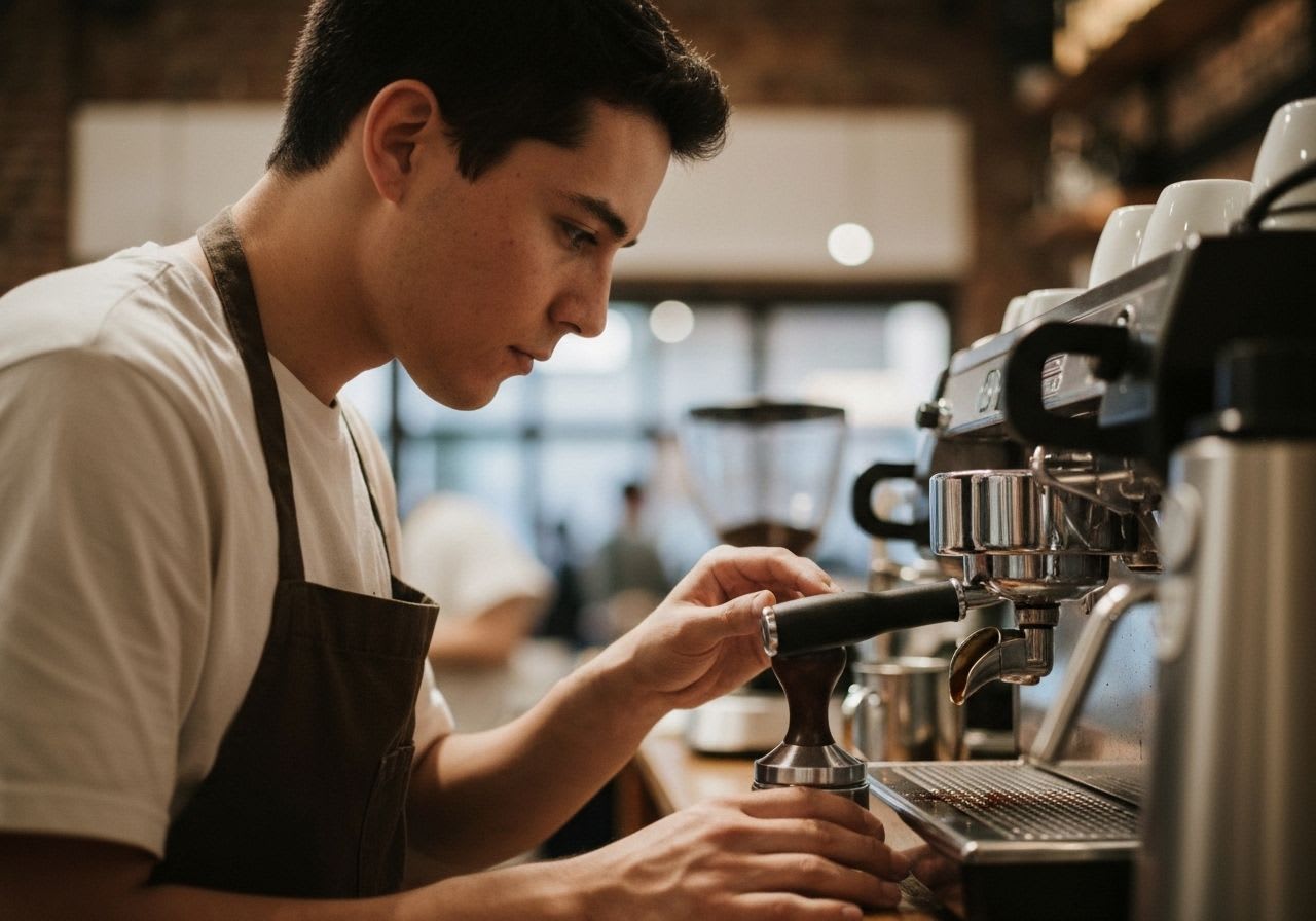Barista-Hände beim präzisen Tampern von feinem Kaffeepulver im Siebträger, entscheidend für die Qualität der Espresso-Crema und die Zubereitung.