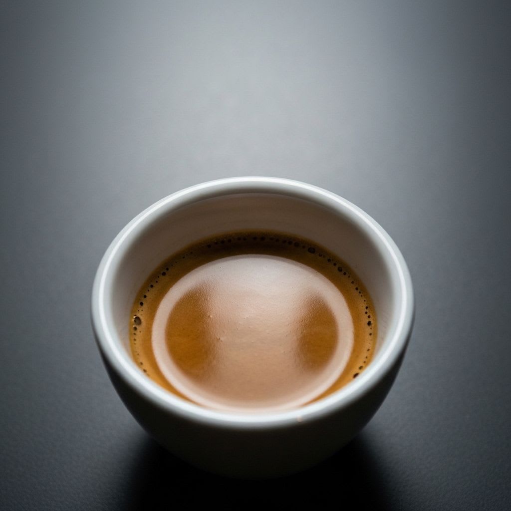 Ristretto Espresso in kleiner Tasse, zeigt eine konzentrierte Variante der Espresso-Definition und des Geschmacks.