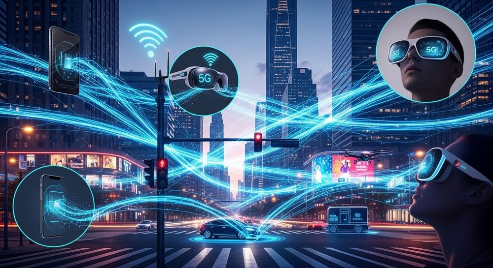 Dynamische Visualisierung der 5G Technologie: schnelle digitale Datenströme in einer modernen Stadtlandschaft mit smarten Geräten.
