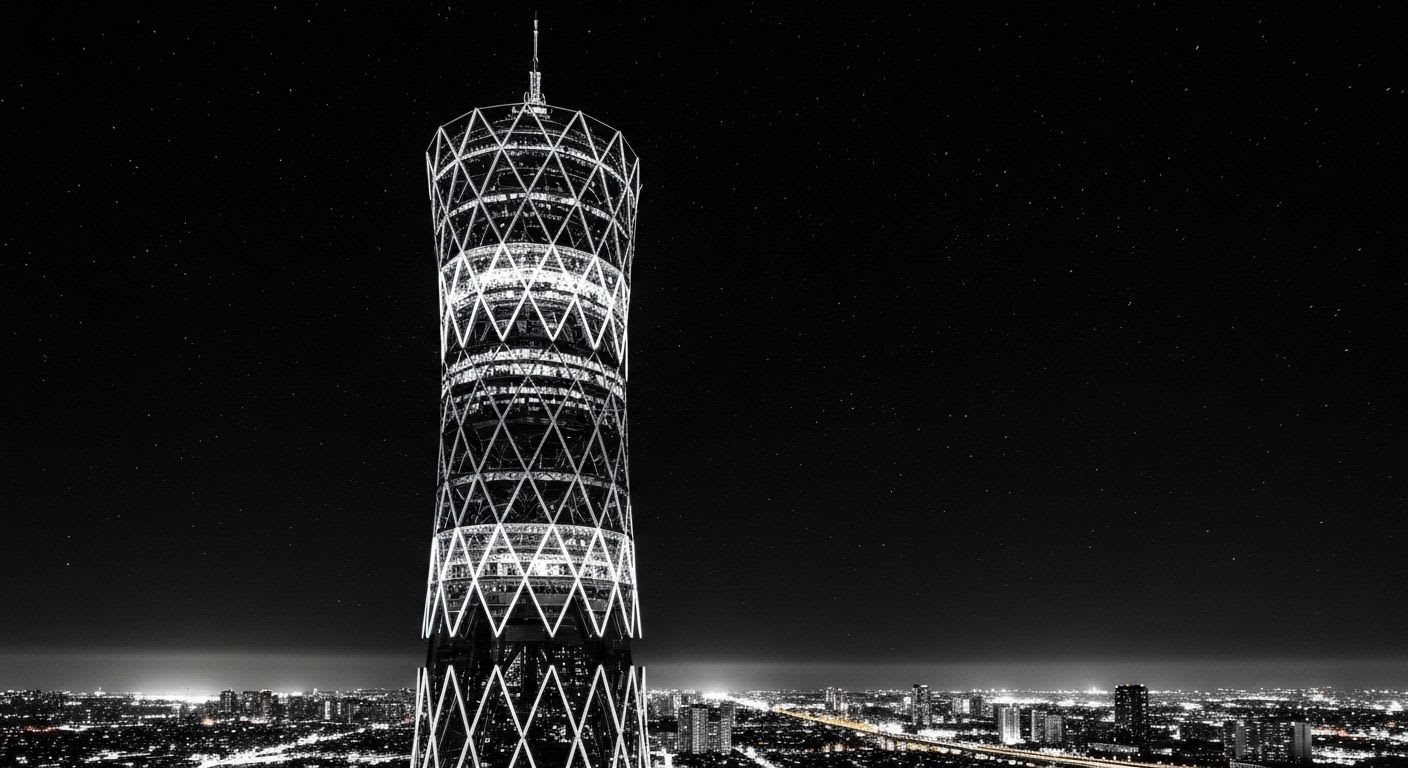 Futuristischer 5G-Mobilfunkmast mit leuchtenden Netzwerklinien vor einer Stadtkulisse als Infrastruktur der 5G Technologie.