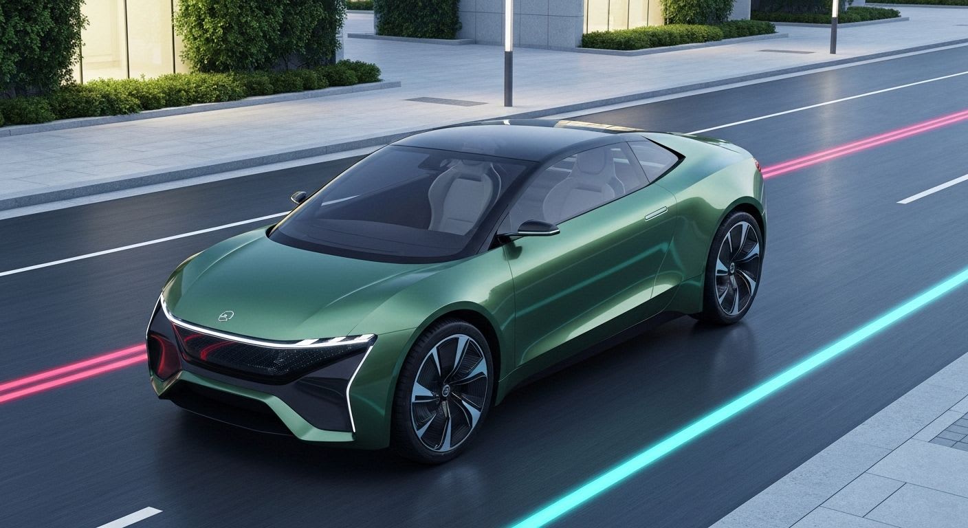 Autonomes Fahrzeug fährt auf einer Smart City Straße, digitale Overlays zeigen Echtzeit-Datenaustausch über 5G Technologie.