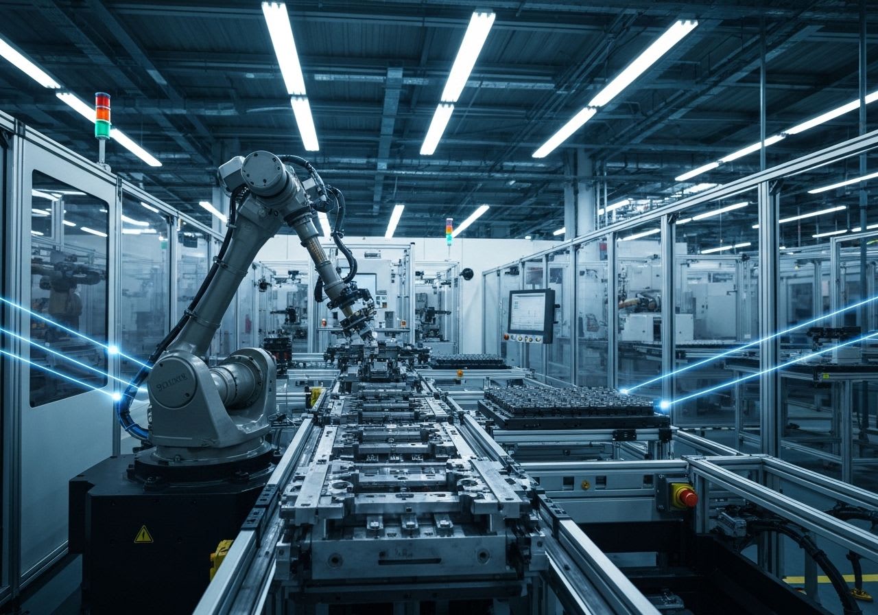 Ein Roboterarm arbeitet präzise an einer Montagelinie, leuchtende 5G-Netzwerlinien verbinden Maschinen in der Industrie 4.0.