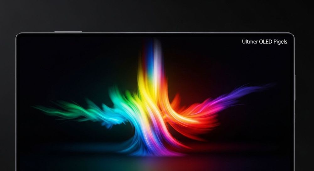 Brillante Farben und perfekte Schwarzwerte auf einem ultra-dünnen OLED-Display, das die Vorteile der OLED Display Technologie hervorhebt.