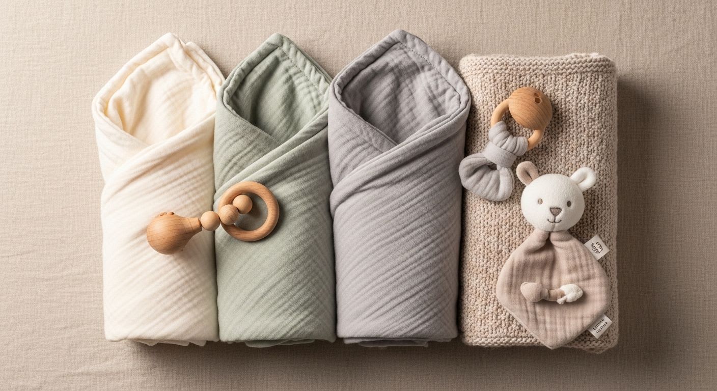 Ausgewählte Erstausstattung-Produkte aus weichen, schadstoffgeprüften Materialien in einer ruhigen Umgebung, passend zu den Entwicklungsschritten.