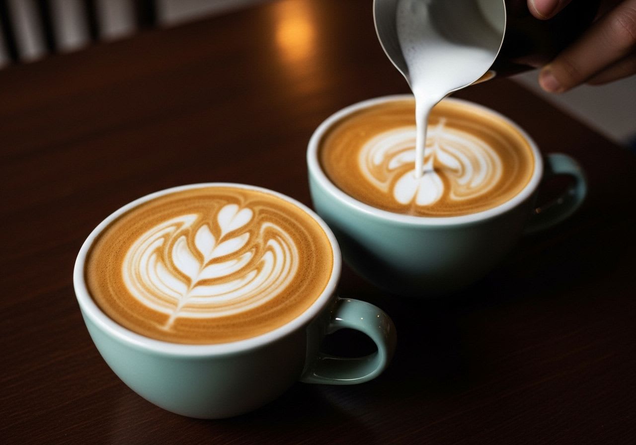 Nahaufnahme einer perfekten Latte Art Rosette neben einem misslungenen Versuch, um typische Latte Art Fehler zu demonstrieren.