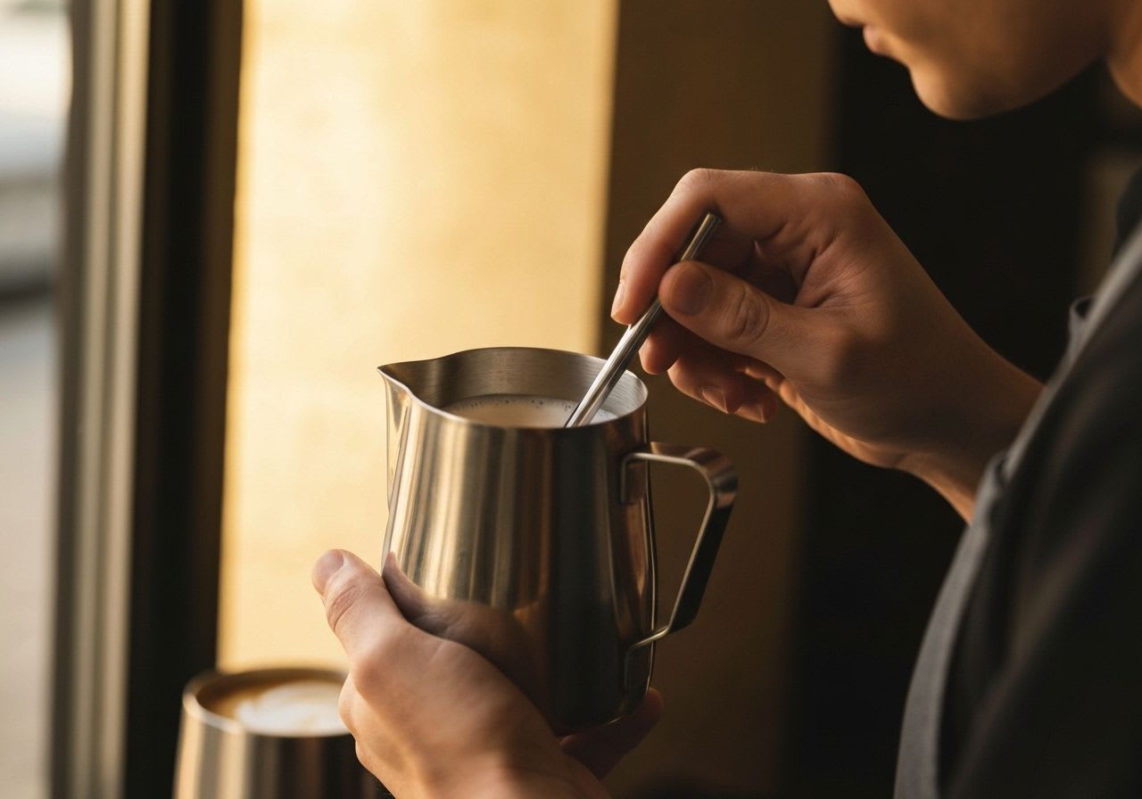 Nahaufnahme eines Baristas, der die Temperatur von aufgeschäumter Milch mit einem Thermometer prüft, wichtig für gute Latte Art.
