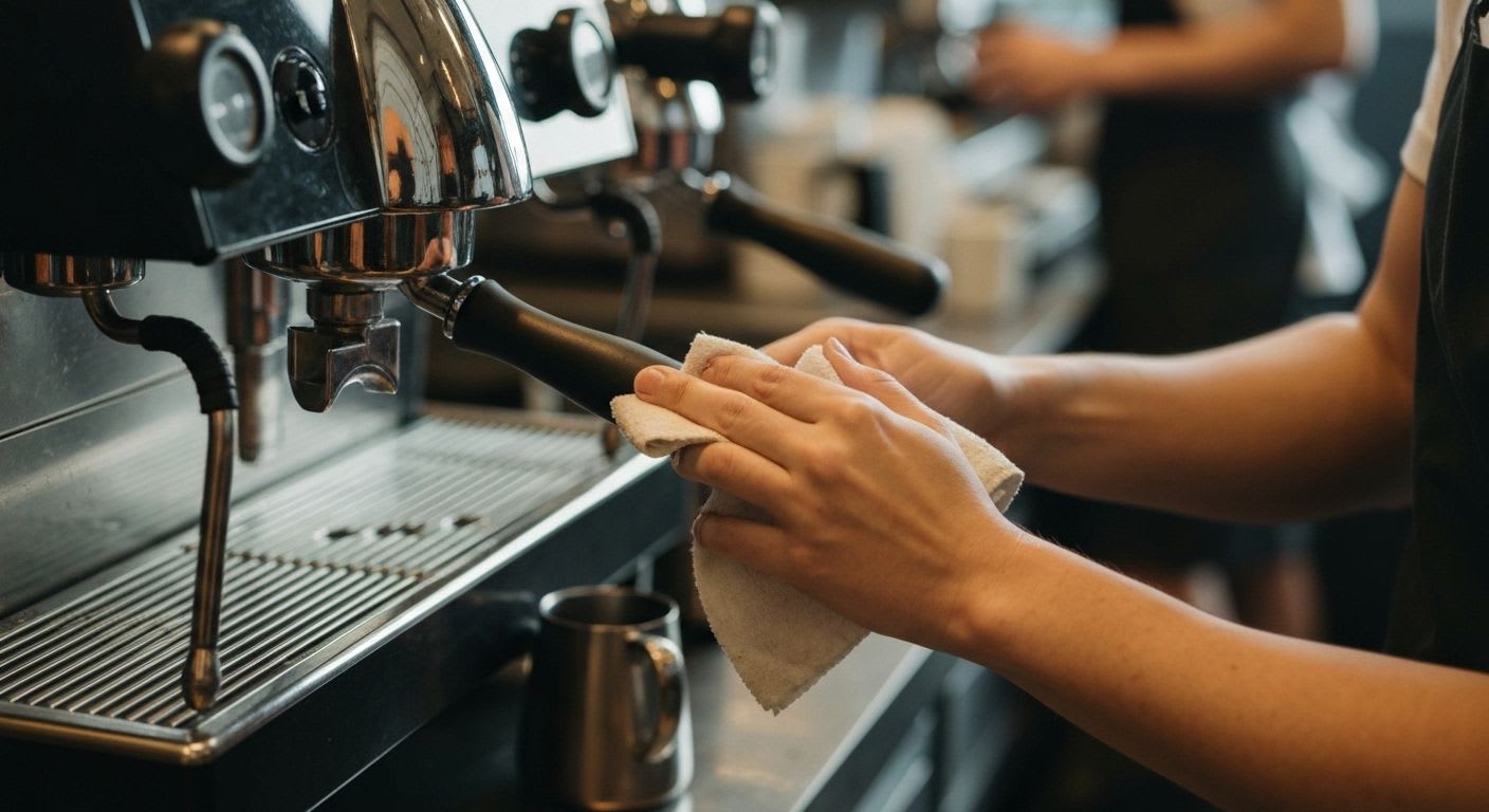 Nahaufnahme eines Baristas, der die Dampflanze der Espressomaschine reinigt, als Symbol für die nötige Übung und Geduld bei Latte Art.