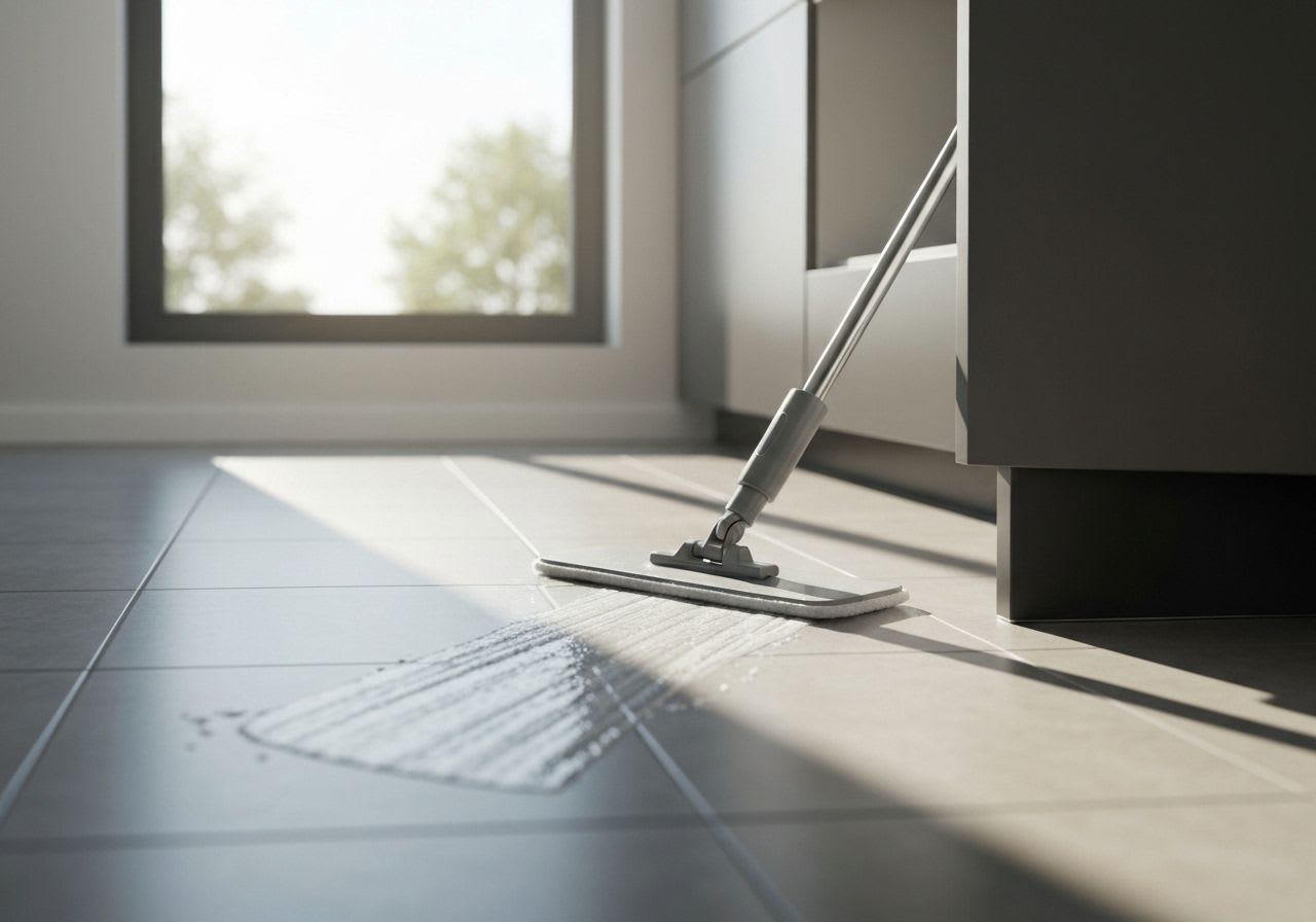 Ein spezialisierter Wischroboter reinigt mit rotierenden Pads einen gefliesten Küchenboden und hinterlässt streifenfreie Sauberkeit, ideal für die Nassreinigung.