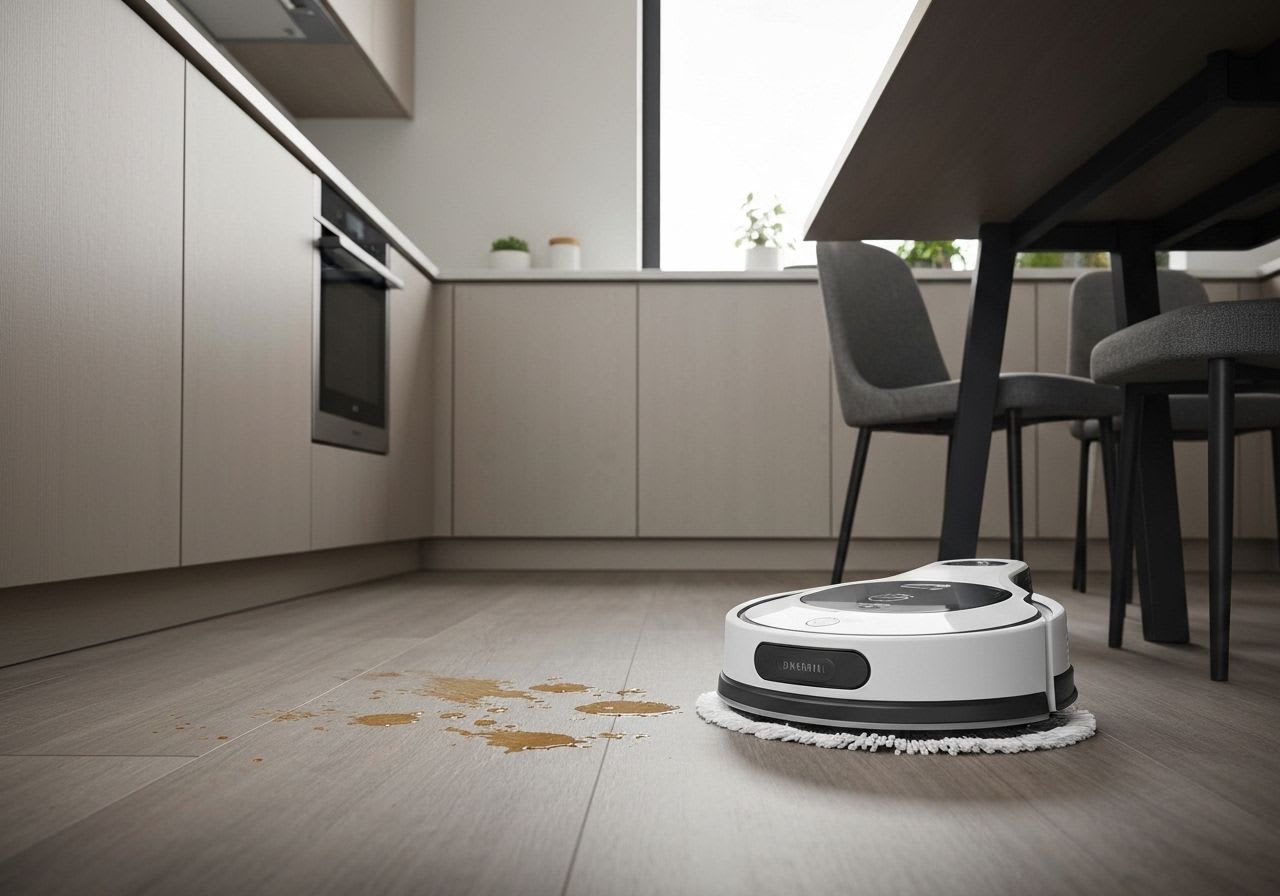 Ein Wischroboter mit rotierenden Schrubb-Pads entfernt getrocknete Flecken von einem Küchenboden und zeigt seine spezialisierte Reinigungskraft.