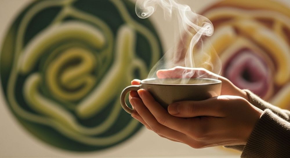 Hände halten eine dampfende Kaffeetasse vor organischen Formen, die die Verbindung von Kaffee und Darmgesundheit symbolisieren.
