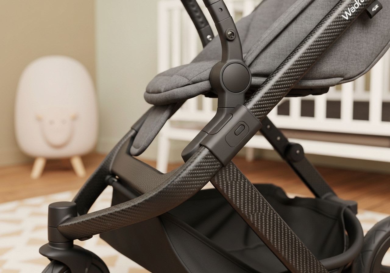Nahaufnahme eines modernen Kinderwagens mit ultraleichtem Carbonrahmen und recycelten Stoffen, die die neuen Kinderwagen-Trends 2026 zeigen.