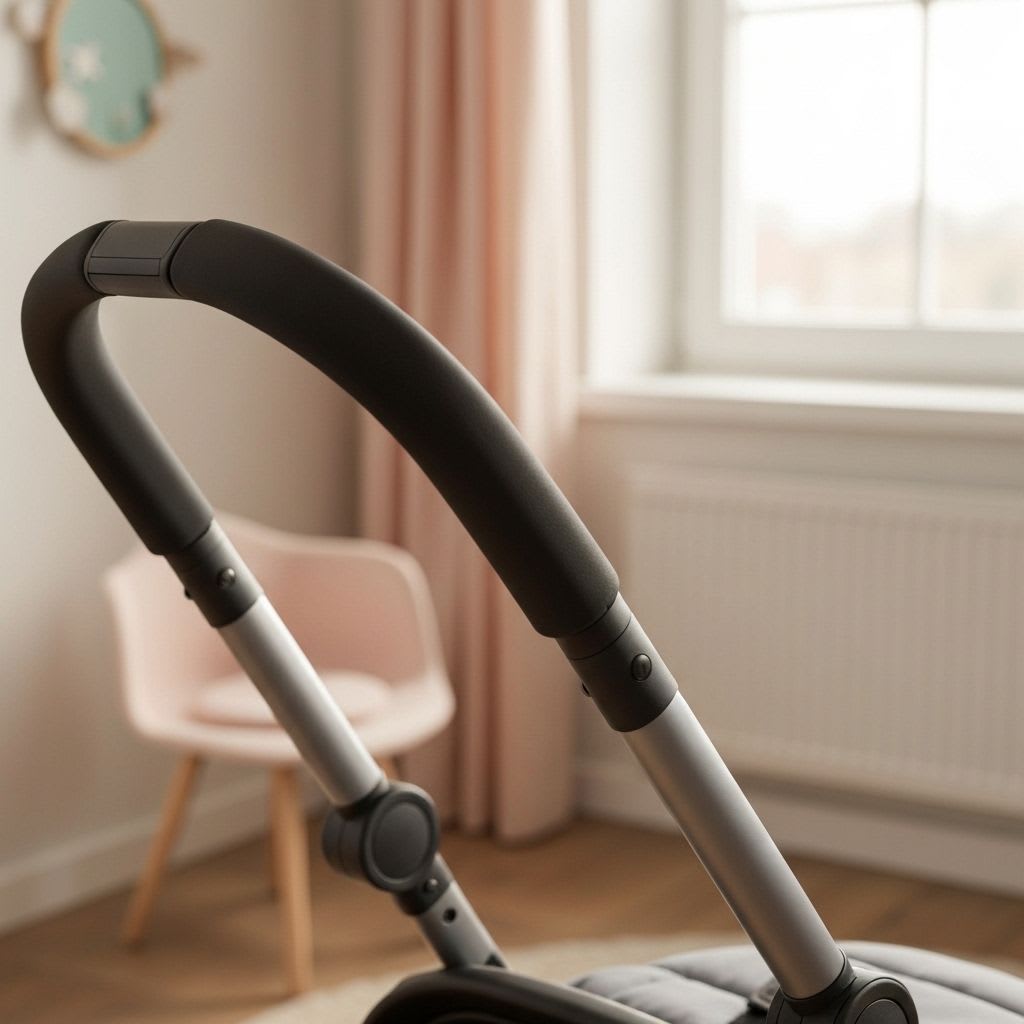 Detailaufnahme des ergonomischen Griffs und des leichten Rahmens eines Kinderwagens, Fokus auf Design und Funktionalität der neuen Trends 2026.