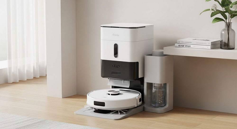 Moderner Saug-Wisch-Roboter 2026 in seiner vollautomatischen Reinigungsstation, zeigt die Trends für maximale Autonomie und Hygiene.