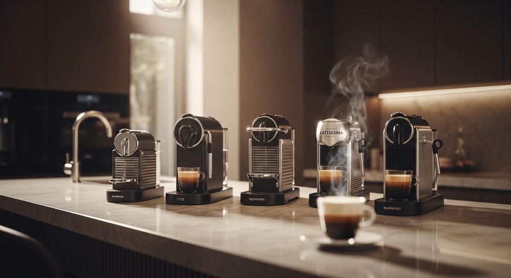 Eine Auswahl der besten Nespresso Maschinen 2026, darunter Essenza, CitiZ, Lattissima und Creatista, bereit zur Kaffeezubereitung.