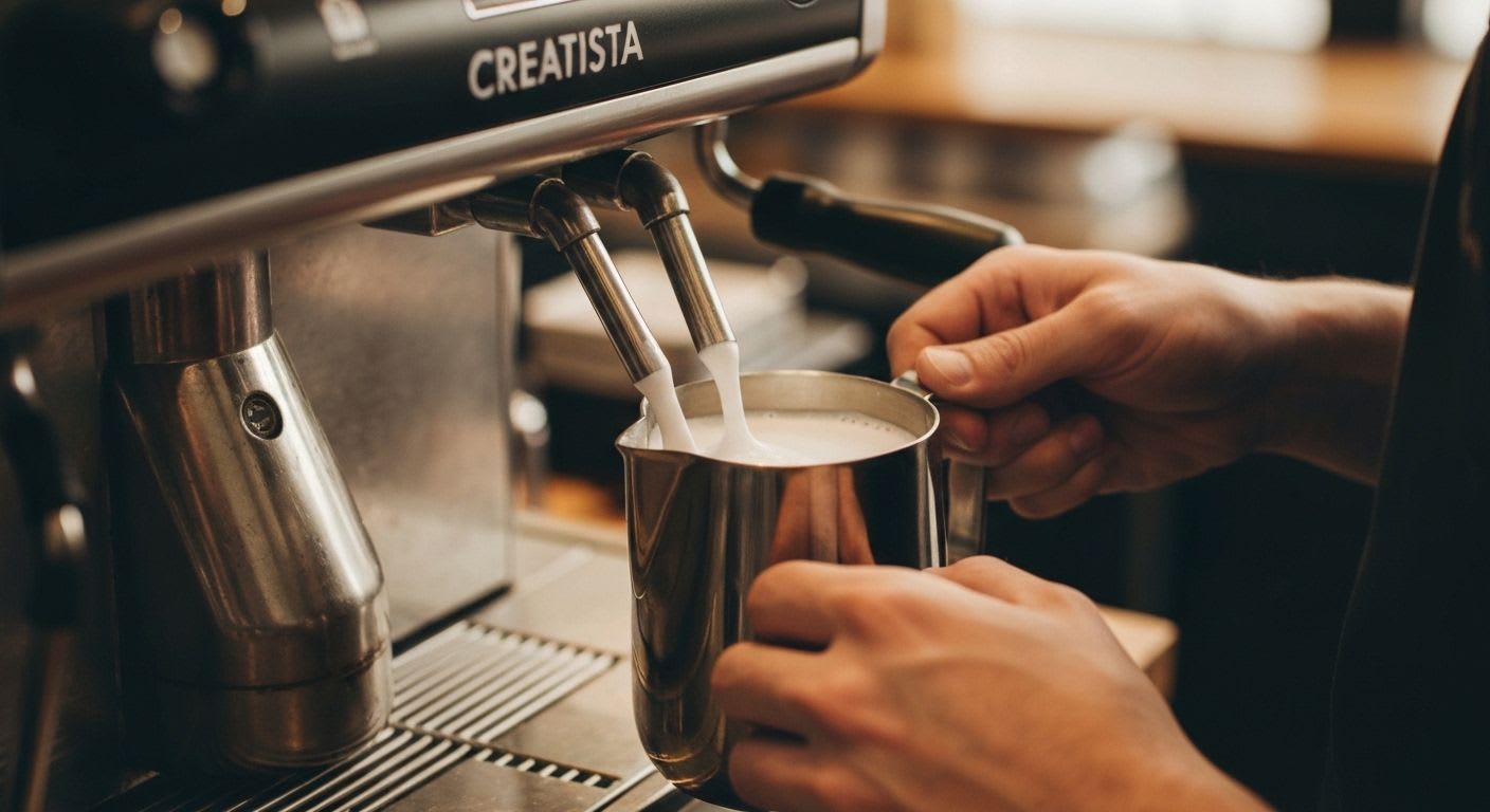 Eine Nespresso Creatista Maschine schäumt Milch mit dem Dampfstab für Latte Art auf, Hände eines Baristas führen die Kanne.