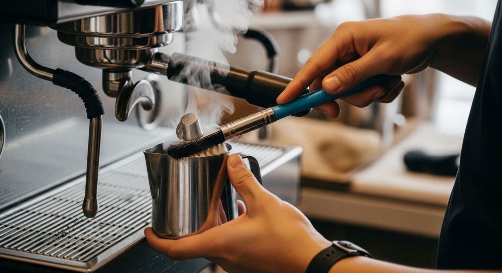 Barista reinigt Dampflanze und Düse des Milchsystems sorgfältig, wichtig für perfekten Milchschaum und die Hygiene der Kaffeemaschine.