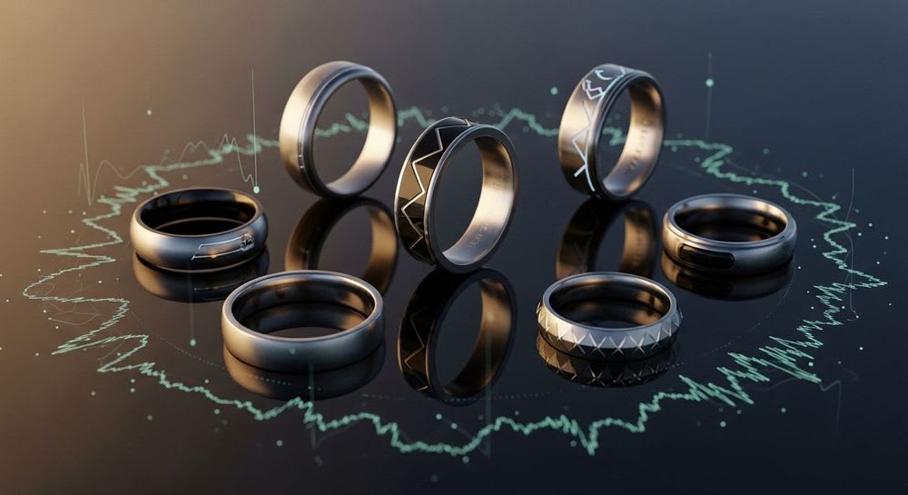 Mehrere moderne Smartrings auf reflektierender Oberfläche, umgeben von Licht und Daten-Grafiken, die die Technologie für Schlaf & Tracking hervorheben.