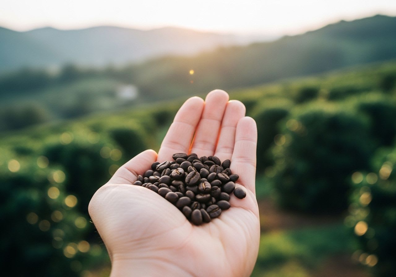 Hand hält geröstete Kaffeebohnen, im Hintergrund eine verschwommene Kaffeeplantage, symbolisiert nachhaltigen Kaffeegenuss und Transparenz.