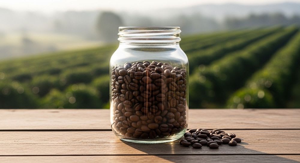 Transparentes Glasgefäß mit gerösteten Kaffeebohnen auf rustikalem Holztisch, im Hintergrund eine Kaffeeplantage, betont Transparenz für nachhaltigen Kaffeegenuss.