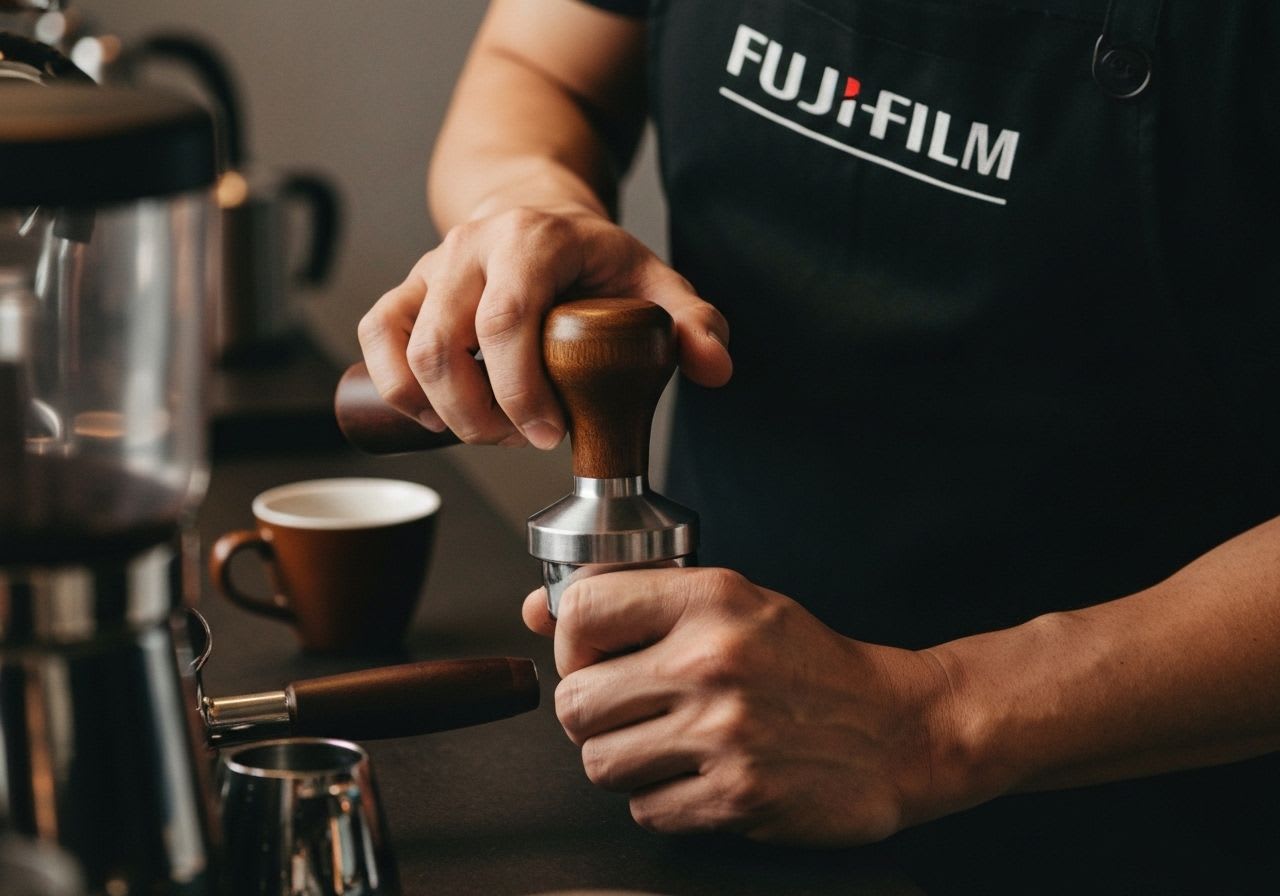 Nahaufnahme der Hände eines Baristas beim Tampern von frisch gemahlenem Kaffee im Siebträger, betont die Wertschätzung und Qualität für nachhaltigen Kaffeegenuss.