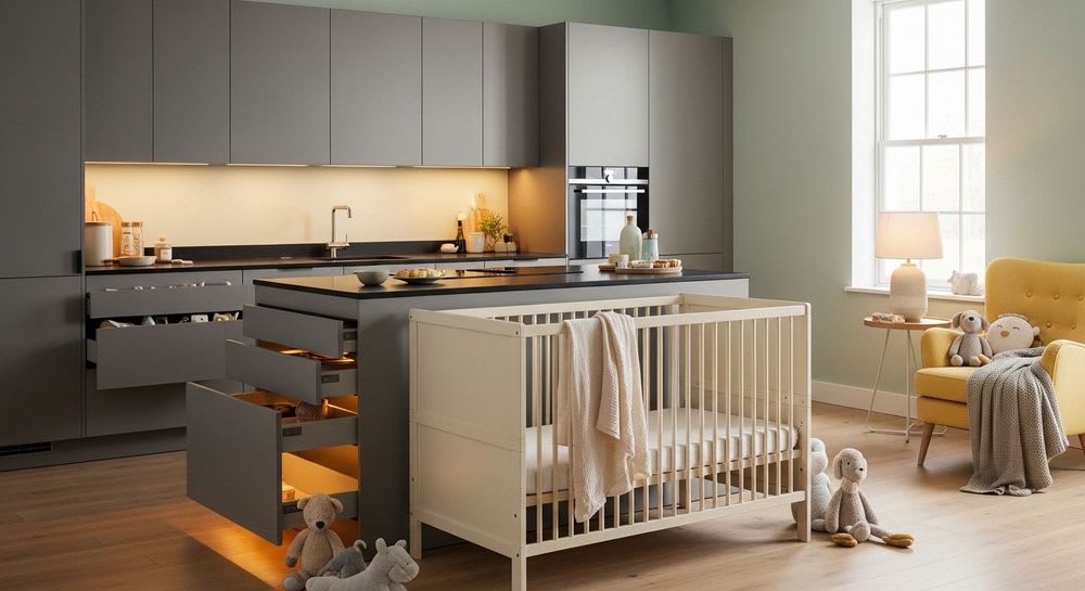 Moderne Kücheneinrichtung mit sicheren Schränken und Schubladen, die durch Kindersicherungen ein sicheres Zuhause bieten.