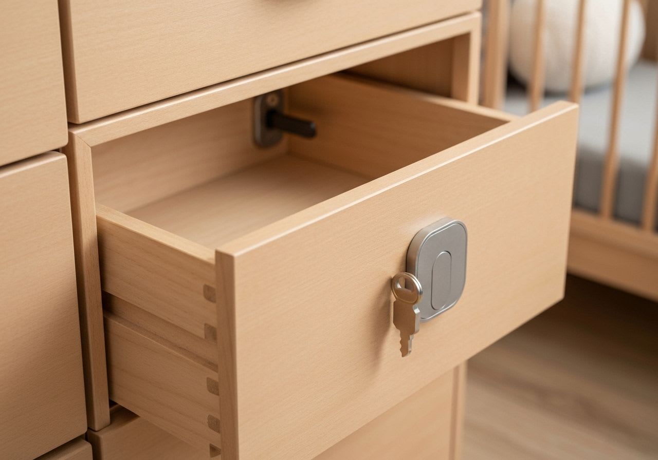Detailaufnahme einer Schublade mit verborgener magnetischer Kindersicherung und zugehörigem Magnetschlüssel für ein sicheres Zuhause.