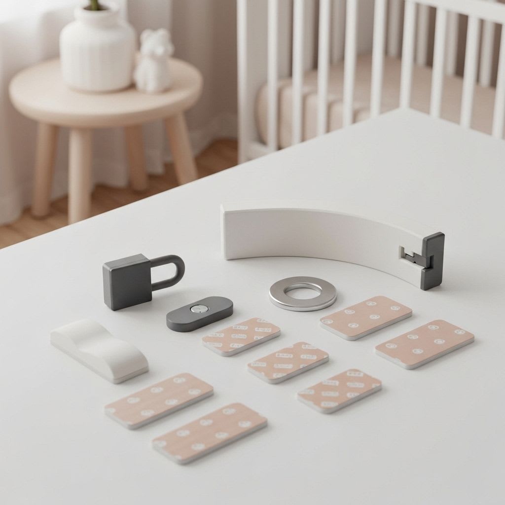 Detailansicht eines magnetischen Kindersicherungs-Sets mit Schloss, Gegenstück und Magnetschlüssel für Schubladen und Schränke.