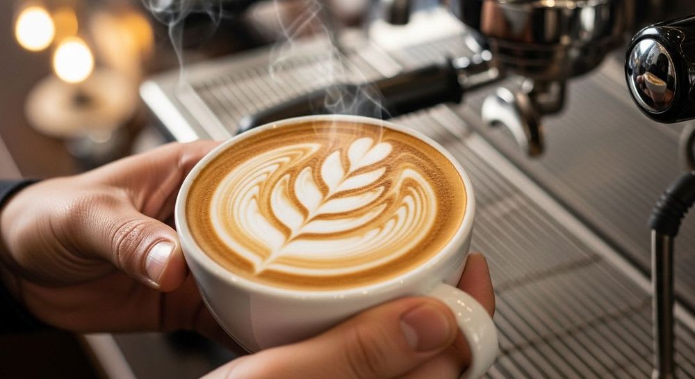 Detailaufnahme einer meisterhaften Latte Art Rosette in einer weißen Keramiktasse, von Barista-Händen gehalten, für Kaffeexperten.