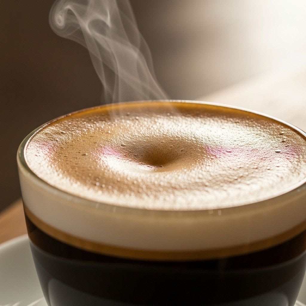 Ansicht von oben auf einen doppelten Espresso in einer weißen Tasse mit goldbrauner, samtiger Crema, ideal für Latte Art.