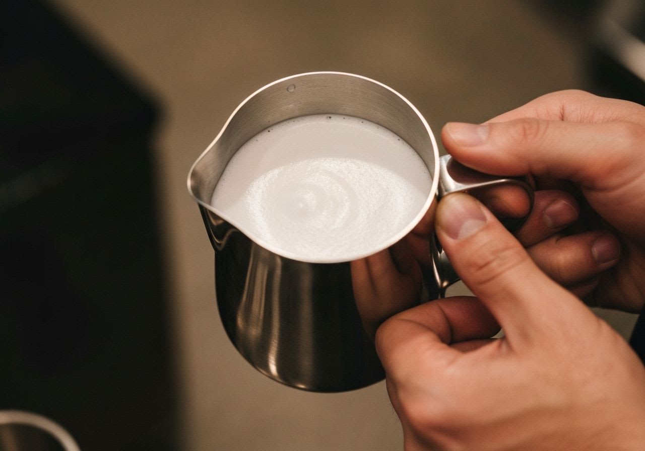 Nahaufnahme von Barista-Händen, die ein Milchkännchen mit perfekt texturiertem, glänzendem Milchschaum für Latte Art Muster halten.