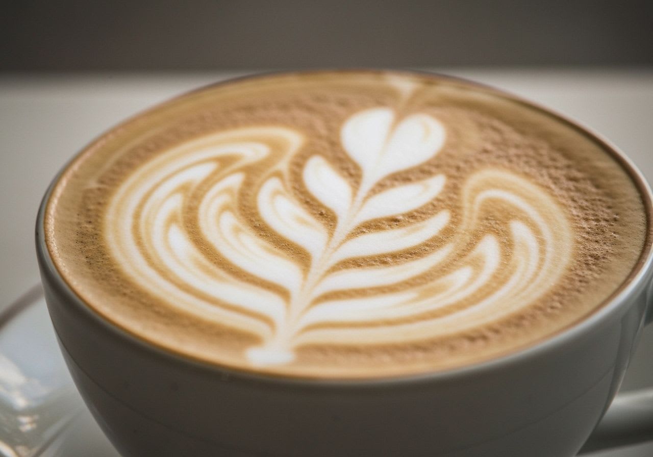 Nahaufnahme eines eleganten Latte Art Blatt-Musters in einer weißen Keramiktasse, detailreich und cremig.