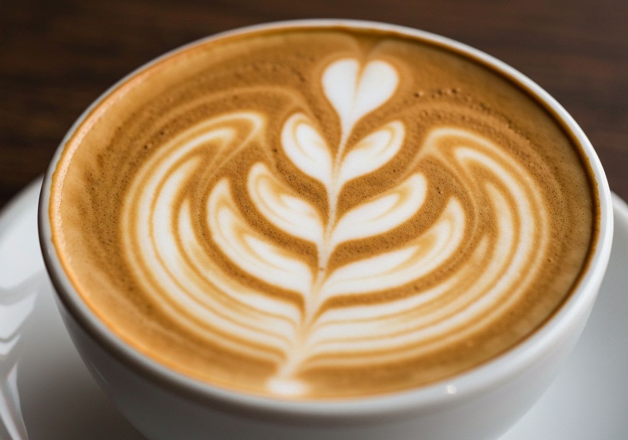 Nahaufnahme einer meisterhaften Latte Art Tulpe in einer weißen Keramiktasse, mit überlappenden 'Blütenblättern' und 'Stiel'.