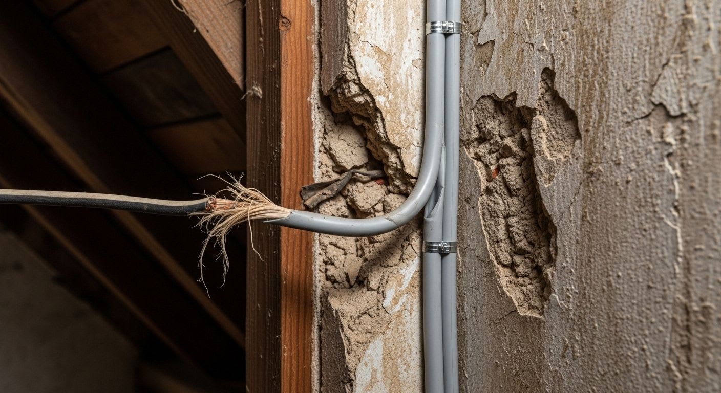 Gefährliche, alte Elektroinstallation im Altbau neben modern verlegten Leitungen, die Sicherheit und den Ablauf der Modernisierung betont.