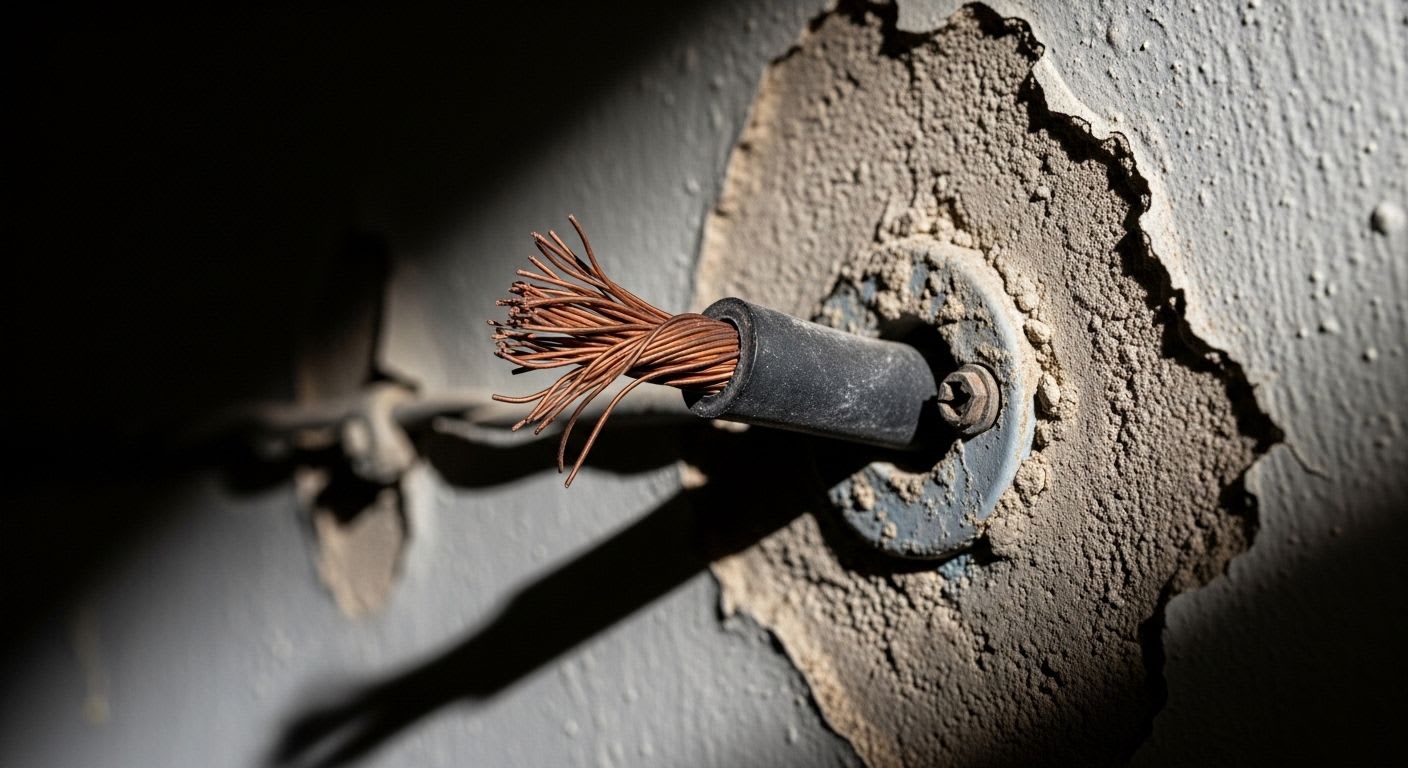 Nahaufnahme eines alten, ausgefransten Kabels an bröckelnder Altbauwand, die Gefahr einer veralteten Elektroinstallation im Altbau zeigend.