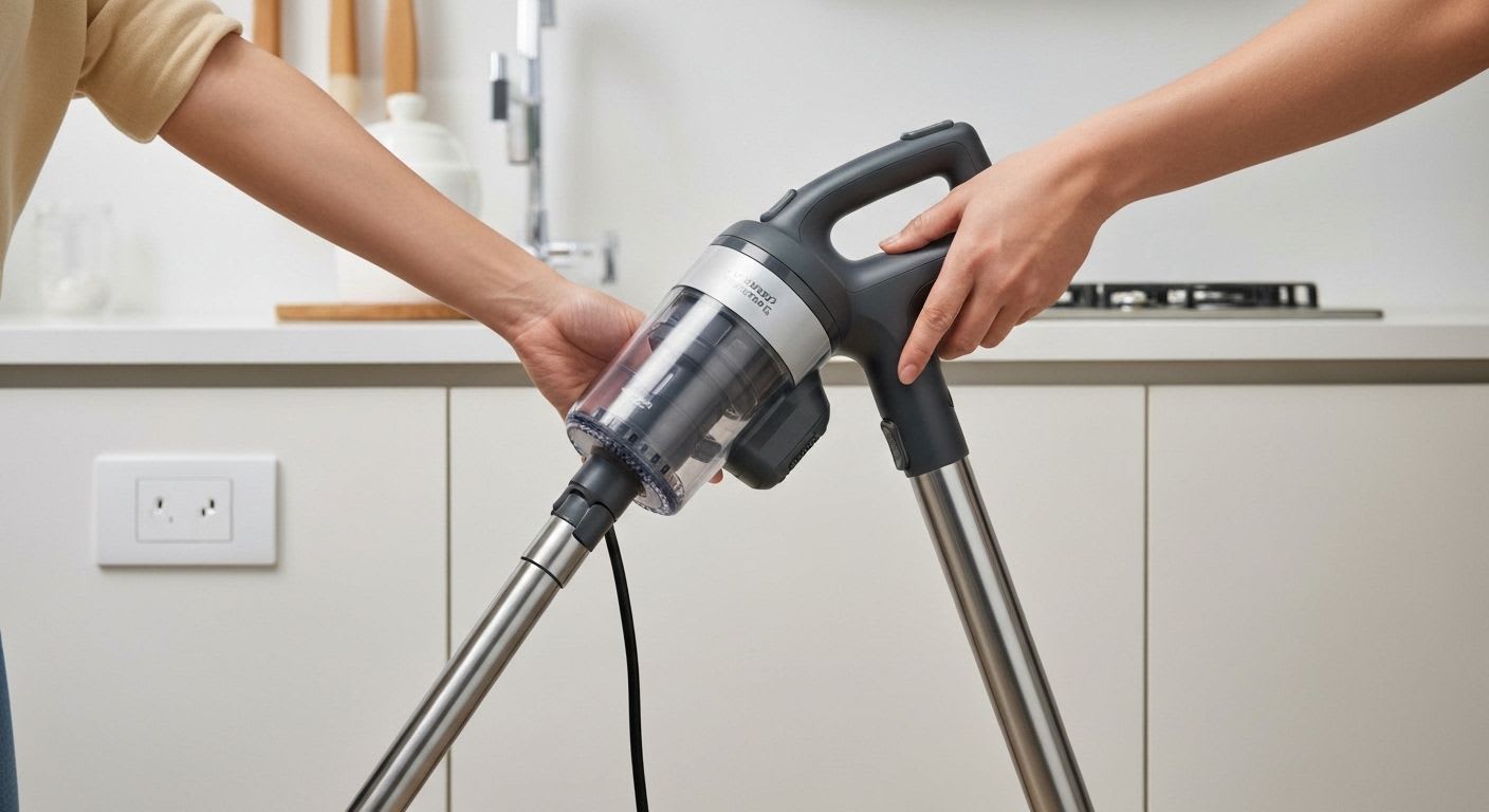 Hand in Schutzhandschuhen trennt das Stromkabel eines Staubsaugers, ein wichtiger erster Schritt beim Staubsauger reinigen für maximale Sicherheit.