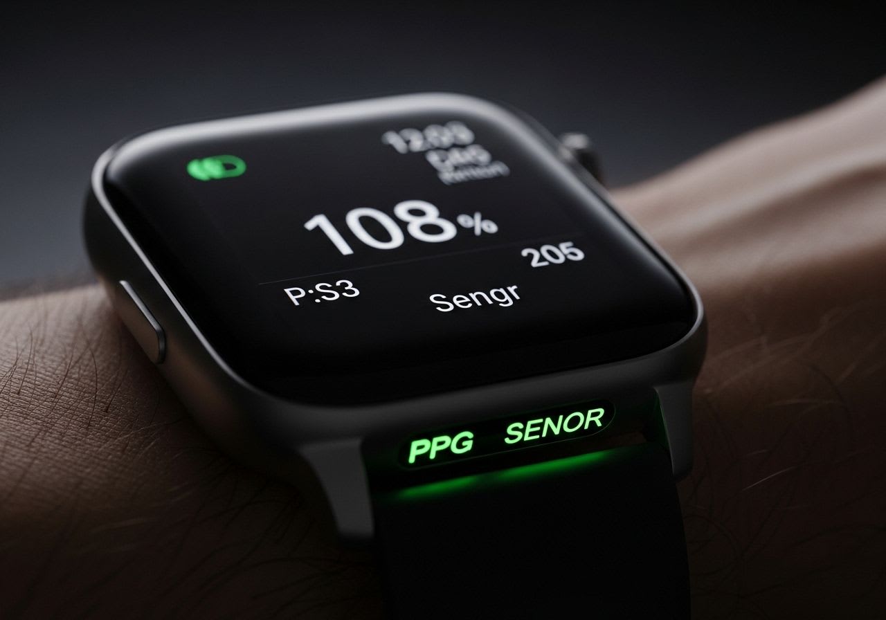 Nahaufnahme einer Smartwatch am Handgelenk, die eine Blutdruckmessung anzeigt und die Genauigkeit der Technologie betont.