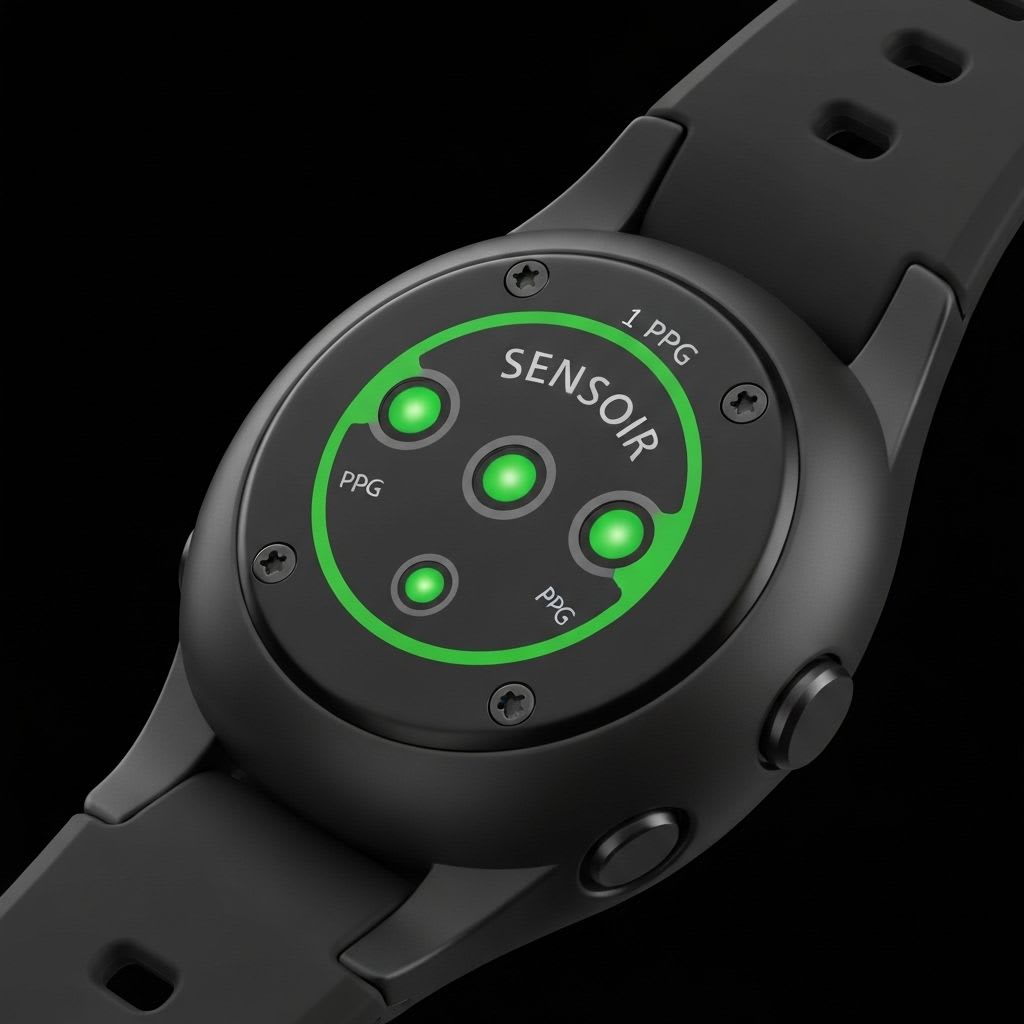 Detailaufnahme der Unterseite einer Smartwatch, die mittels grüner LEDs die optische Blutdruckmessung (PPG) am Handgelenk durchführt.