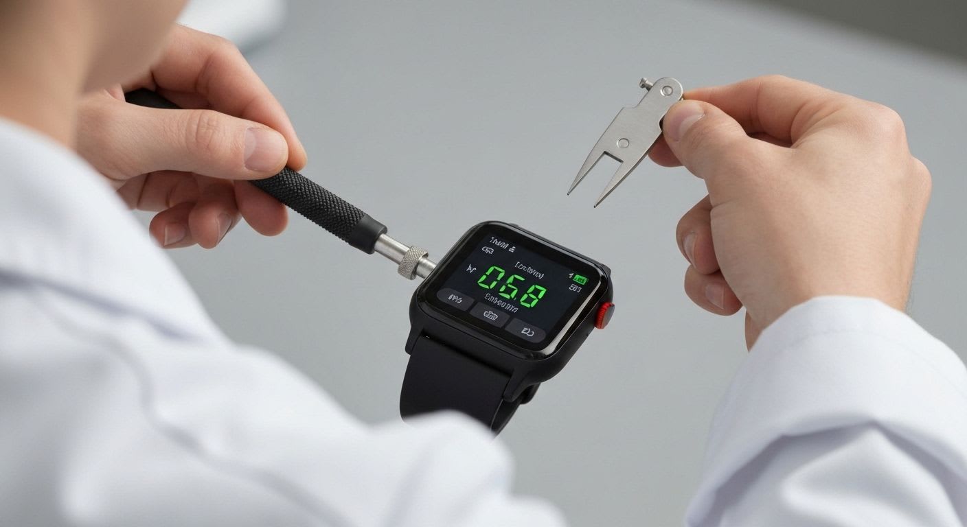 Eine Person kalibriert eine Smartwatch für die Blutdruckmessung, indem sie die Werte mit einem Oberarm-Blutdruckmessgerät abgleicht.
