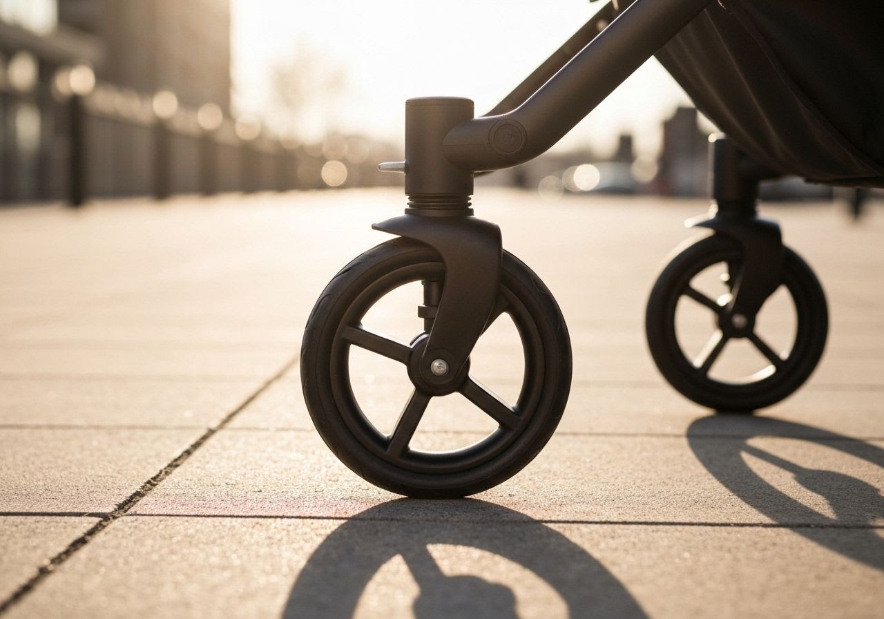 Detailaufnahme des schwenkbaren Vorderrads eines kompakten Kinderwagens auf Bürgersteig, zeigt Wendigkeit und modernes Design für die Stadt.