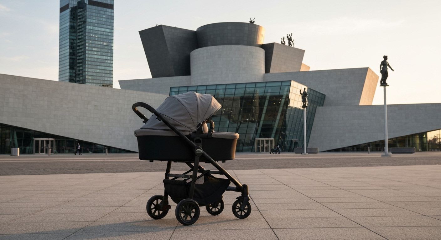 Eleganter, minimalistischer Kinderwagen für die Stadt vor modernem Kunstmuseum, zeigt urbanes Design und Freiheit im Stadtalltag.