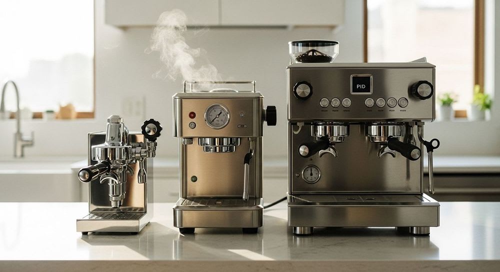 Drei verschiedene Siebträgermaschinen – Einkreiser, Zweikreiser und Dualboiler – auf einer modernen Küchenzeile, die die Typen für den Vergleich verdeutlichen.