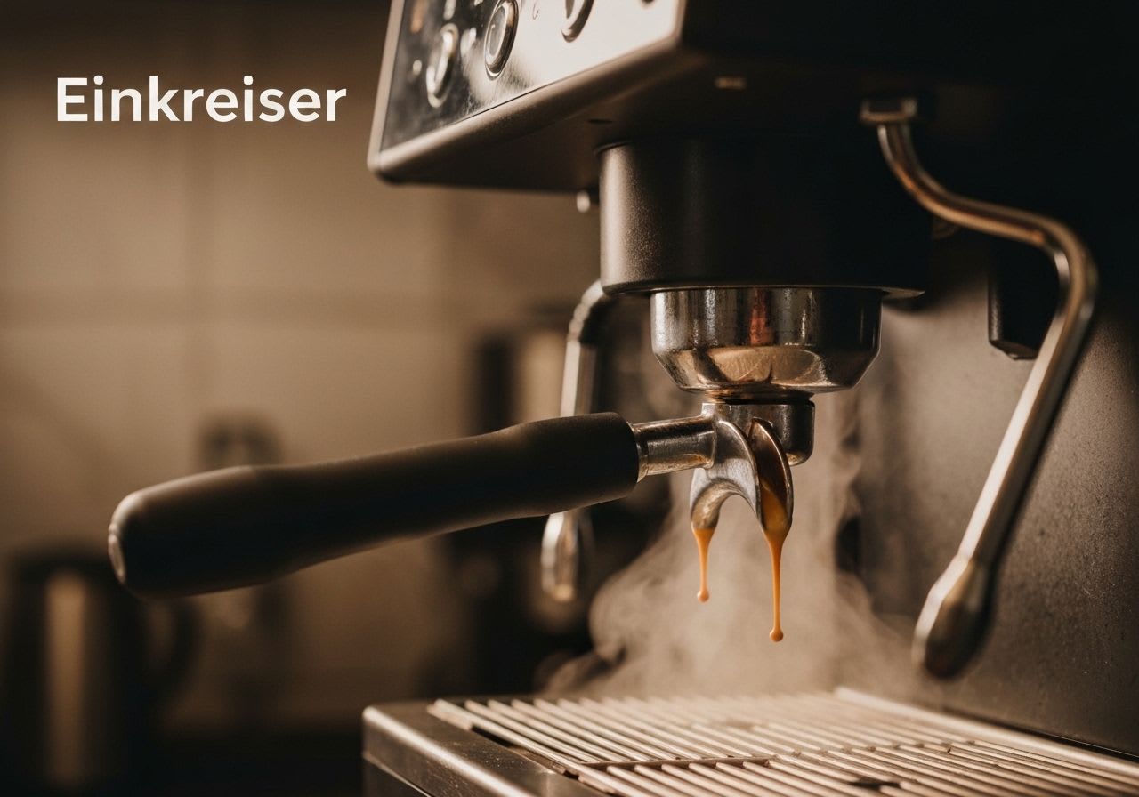 Detailaufnahme einer Einkreiser Siebträgermaschine beim Espressobezug, mit sichtbarer Crema und leichtem Dampf, ideal für angehende Home Baristas.