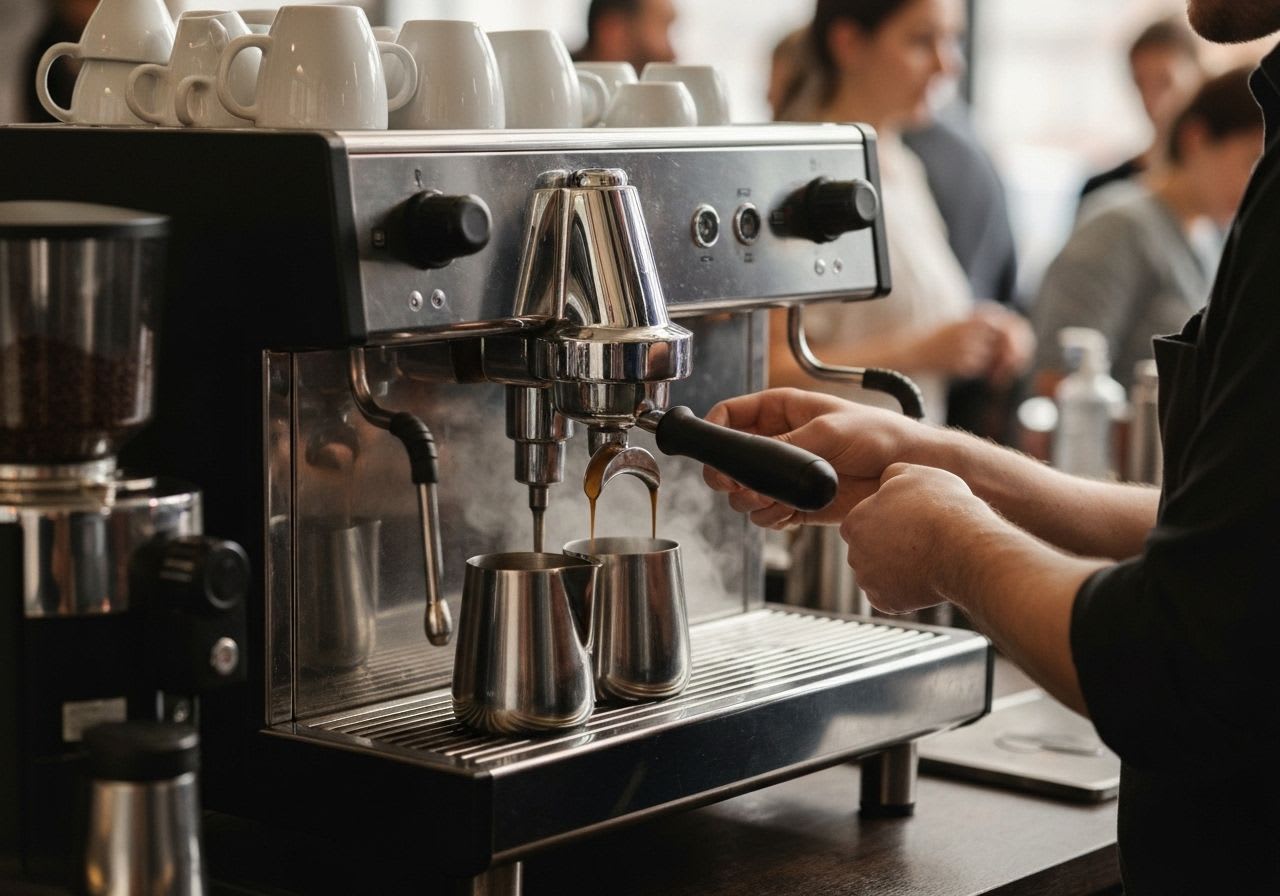 Barista bereitet an einer Zweikreiser Siebträgermaschine gleichzeitig Espresso und Milchschaum zu, was die Effizienz dieses Siebträger-Typs zeigt.