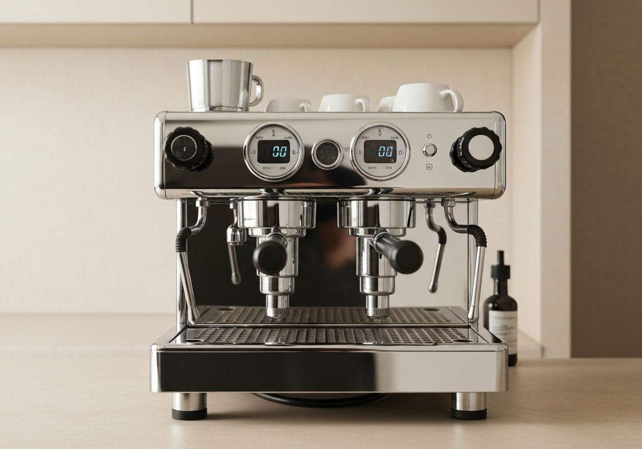 Eine hochwertige Dualboiler Siebträgermaschine mit präzisen Temperaturanzeigen, die höchste Kontrolle und Konsistenz für das ultimative Kaffeeerlebnis bietet.
