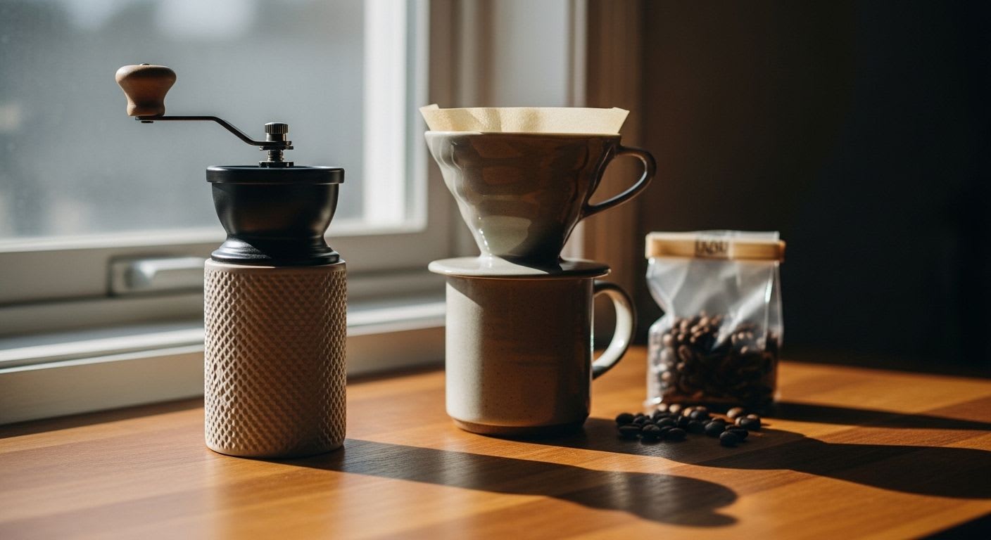 Minimalistisches Kaffee-Setup mit Handmühle und V60-Filter auf Holztheke, beleuchtet von sanftem Morgenlicht für achtsame Kaffeezubereitung.